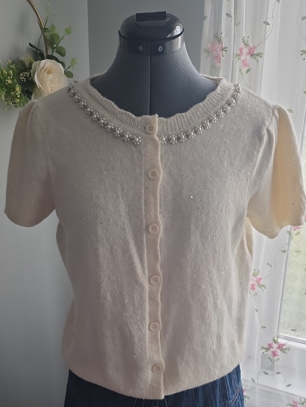 Belldini Cream Short-Sleeve Buttoned Cardigan with Beaded Neckline
